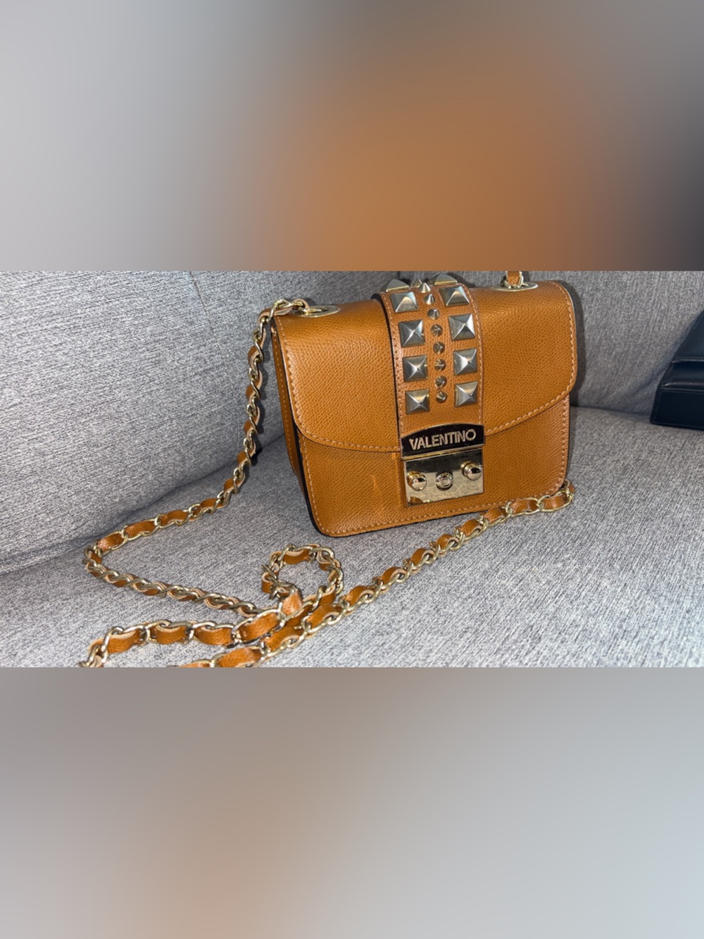 Valentino Tan Leather Stud Chain Crossbody Bag